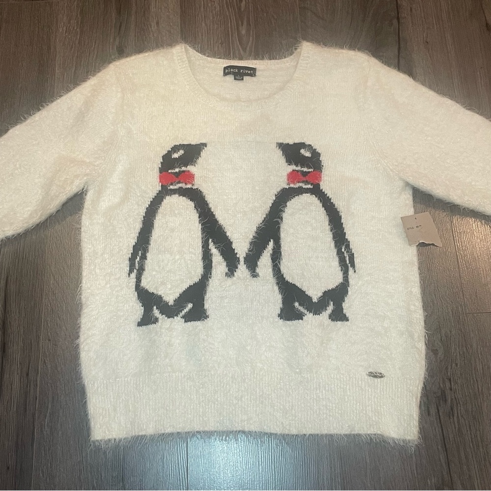 Black Rivet Penguin Eyelash Fuzzy Super cute ugly Christmas Holiday sweater